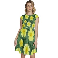 Bloom Flowering Yellow Blade Green Cap Sleeve High Waist Dress by Loisa77