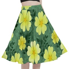 Bloom Flowering Yellow Blade Green A-line Full Circle Midi Skirt With Pocket by Loisa77