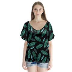 Leaves Pattern Abstract Blade V-neck Flutter Sleeve Top by Loisa77