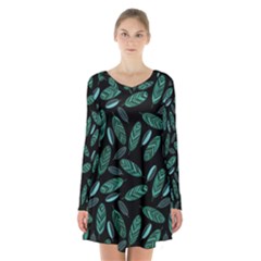 Leaves Pattern Abstract Blade Long Sleeve Velvet V-neck Dress