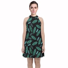 Leaves Pattern Abstract Blade Velvet Halter Neckline Dress 