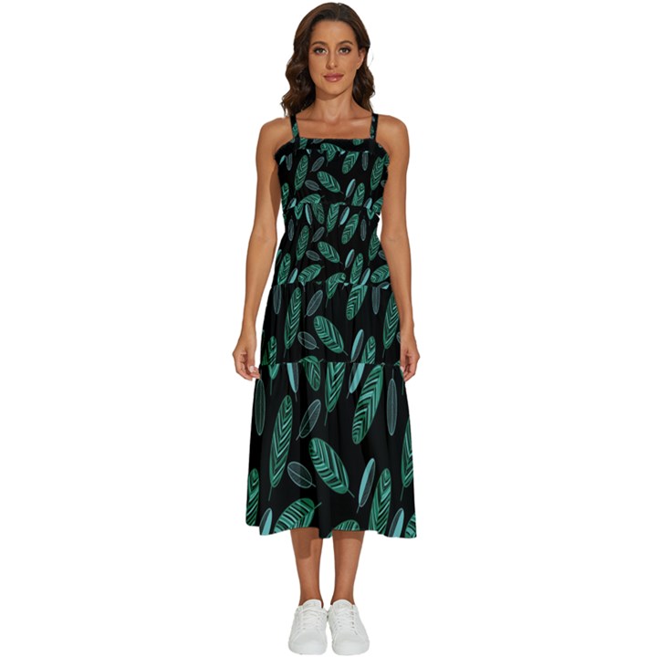 Leaves Pattern Abstract Blade Sleeveless Shoulder Straps Boho Dress