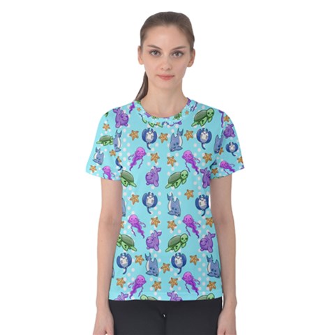 Sea Ocean Sealife Turtle Jellyfish Women s Cotton T-shirt by Loisa77