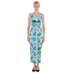 Sea Ocean Sealife Turtle Jellyfish Fitted Maxi Dress by Loisa77