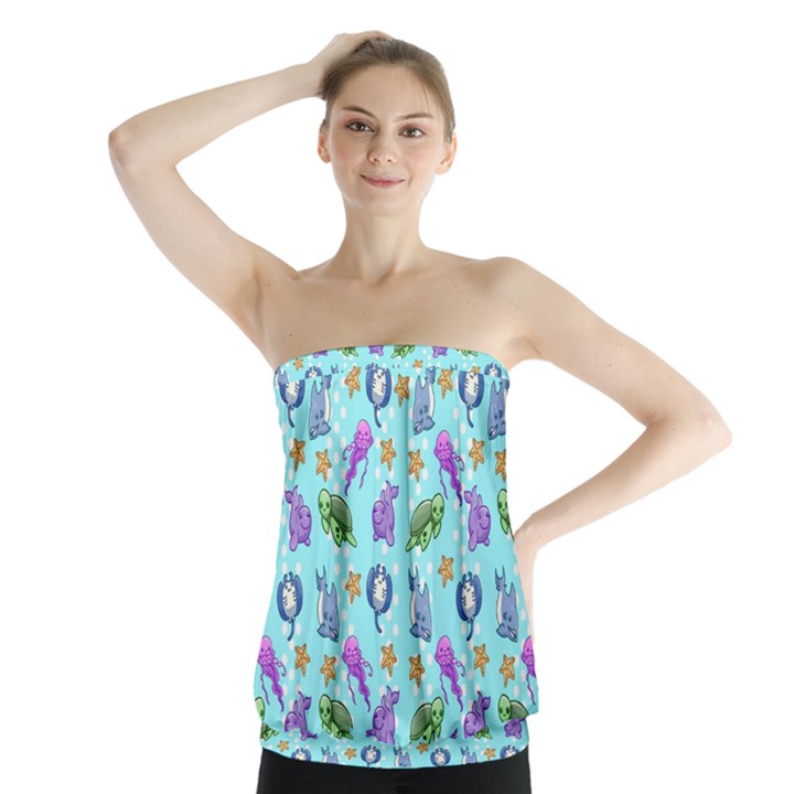 Sea Ocean Sealife Turtle Jellyfish Strapless Top