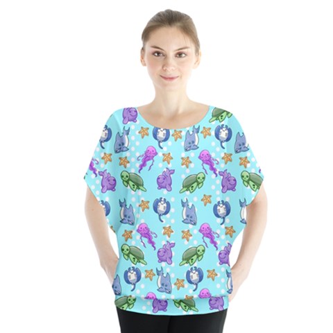 Sea Ocean Sealife Turtle Jellyfish Batwing Chiffon Blouse by Loisa77