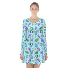 Sea Ocean Sealife Turtle Jellyfish Long Sleeve Velvet V-neck Dress