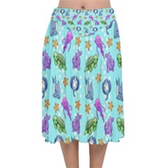 Sea Ocean Sealife Turtle Jellyfish Velvet Flared Midi Skirt