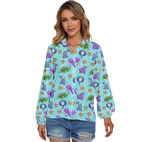 Sea Ocean Sealife Turtle Jellyfish Women s Long Sleeve Button Up Shirt by Loisa77