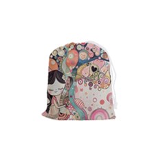 Whimsical Colorful Young Girl Drawstring Pouch (small) by Loisa77