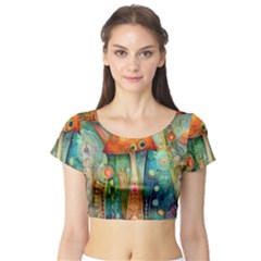 Whimsical Mushrooms Colorful Patterns Short Sleeve Crop Top