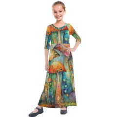 Whimsical Mushrooms Colorful Patterns Kids  Quarter Sleeve Maxi Dress by Loisa77