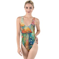 Whimsical Mushrooms Colorful Patterns High Leg Strappy Swimsuit by Loisa77