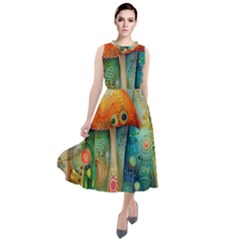 Whimsical Mushrooms Colorful Patterns Round Neck Boho Dress by Loisa77