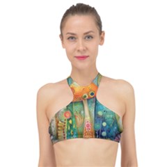 Whimsical Mushrooms Colorful Patterns High Neck Bikini Top by Loisa77