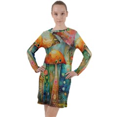 Whimsical Mushrooms Colorful Patterns Long Sleeve Hoodie Dress