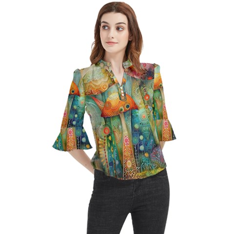 Whimsical Mushrooms Colorful Patterns Loose Horn Sleeve Chiffon Blouse by Loisa77