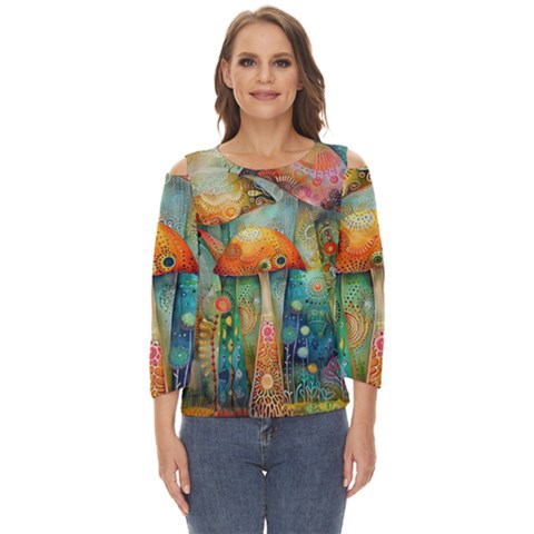 Whimsical Mushrooms Colorful Patterns Cut Out Wide Sleeve Top by Loisa77