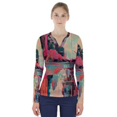 Backgrounds Multi Colored Abstract V-neck Long Sleeve Top by Loisa77