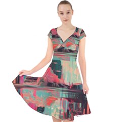 Backgrounds Multi Colored Abstract Cap Sleeve Front Wrap Midi Dress by Loisa77