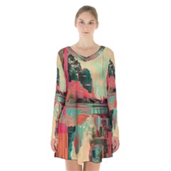 Backgrounds Multi Colored Abstract Long Sleeve Velvet V-neck Dress