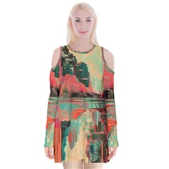 Backgrounds Multi Colored Abstract Velvet Long Sleeve Shoulder Cutout Dress