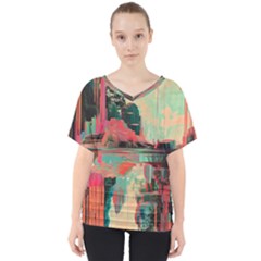 Backgrounds Multi Colored Abstract V-neck Dolman Drape Top by Loisa77