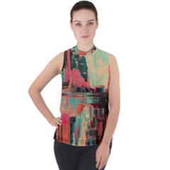 Backgrounds Multi Colored Abstract Mock Neck Chiffon Sleeveless Top by Loisa77