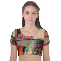 Backgrounds Multi Colored Abstract Velvet Short Sleeve Crop Top  by Loisa77