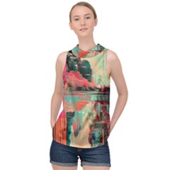 Backgrounds Multi Colored Abstract High Neck Satin Top by Loisa77