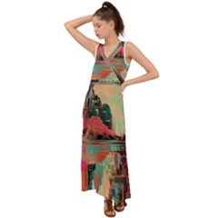 Backgrounds Multi Colored Abstract V-neck Chiffon Maxi Dress by Loisa77