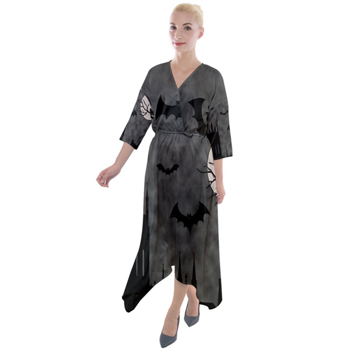 Halloween Background Halloween Scene Quarter Sleeve Wrap Front Maxi Dress