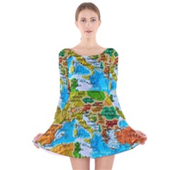 World Map Long Sleeve Velvet Skater Dress by Ket1n9