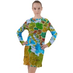 World Map Long Sleeve Hoodie Dress