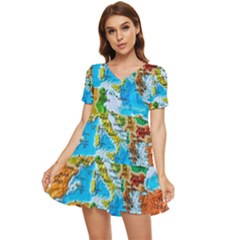 World Map Tiered Short Sleeve Babydoll Dress by Ket1n9