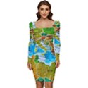 World Map Women Long Sleeve Ruched Stretch Jersey Dress View1