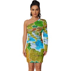 World Map Long Sleeve One Shoulder Mini Dress by Ket1n9