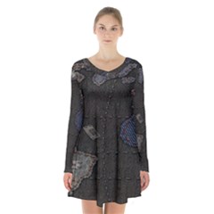 World Map Long Sleeve Velvet V-neck Dress