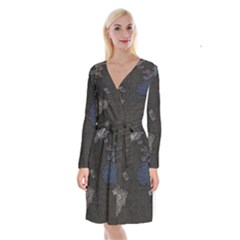 World Map Long Sleeve Velvet Front Wrap Dress