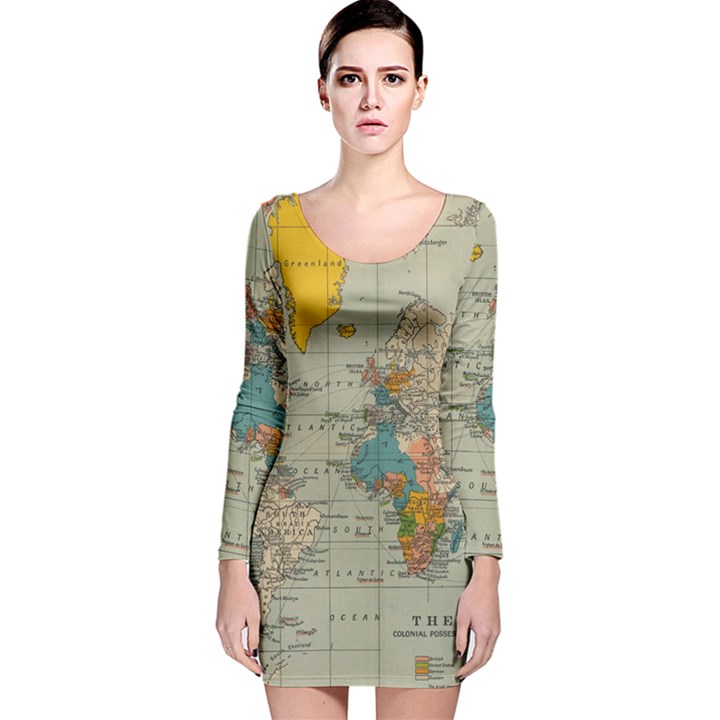 Vintage World Map Long Sleeve Velvet Bodycon Dress