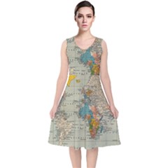 Vintage World Map V-neck Midi Sleeveless Dress  by Ket1n9