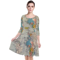 Vintage World Map Quarter Sleeve Waist Band Dress by Ket1n9