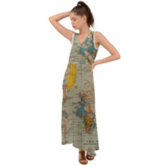 Vintage World Map V-neck Chiffon Maxi Dress by Ket1n9