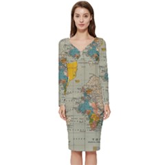 Vintage World Map Long Sleeve V-neck Bodycon Dress  by Ket1n9