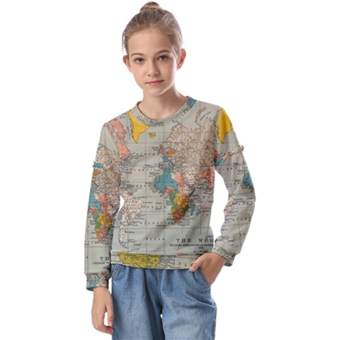 Vintage World Map Kids  Long Sleeve T-shirt With Frill  by Ket1n9