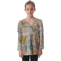 Vintage World Map Kids  V Neck Casual Top by Ket1n9