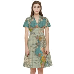 Vintage World Map Short Sleeve Waist Detail Dress by Ket1n9