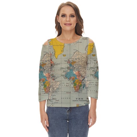 Vintage World Map Cut Out Wide Sleeve Top by Ket1n9