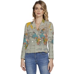 Vintage World Map Women s Long Sleeve Revers Collar Cropped Jacket by Ket1n9