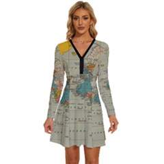 Vintage World Map Long Sleeve Deep V Mini Dress  by Ket1n9